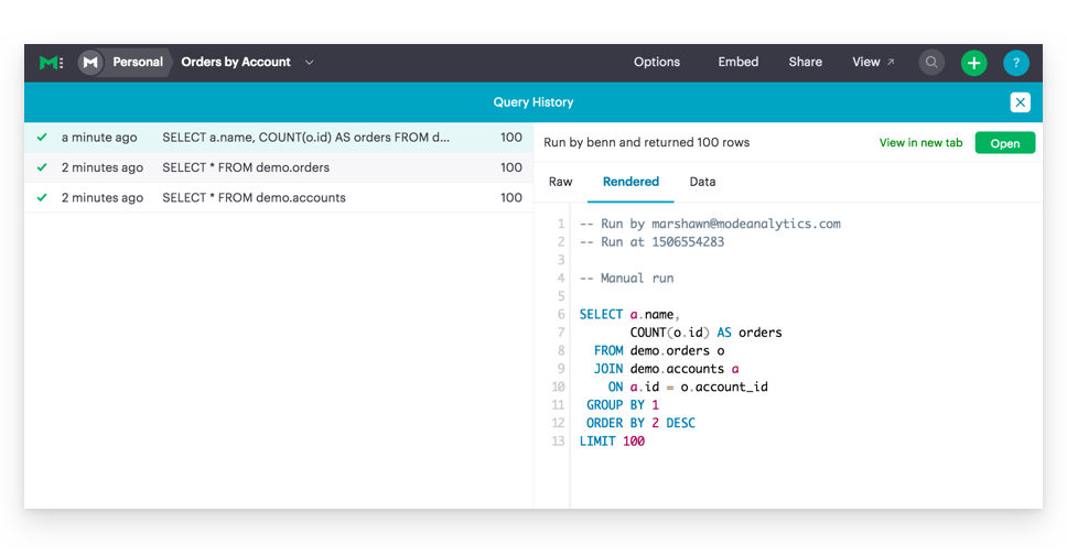 View a Query Header in your query history