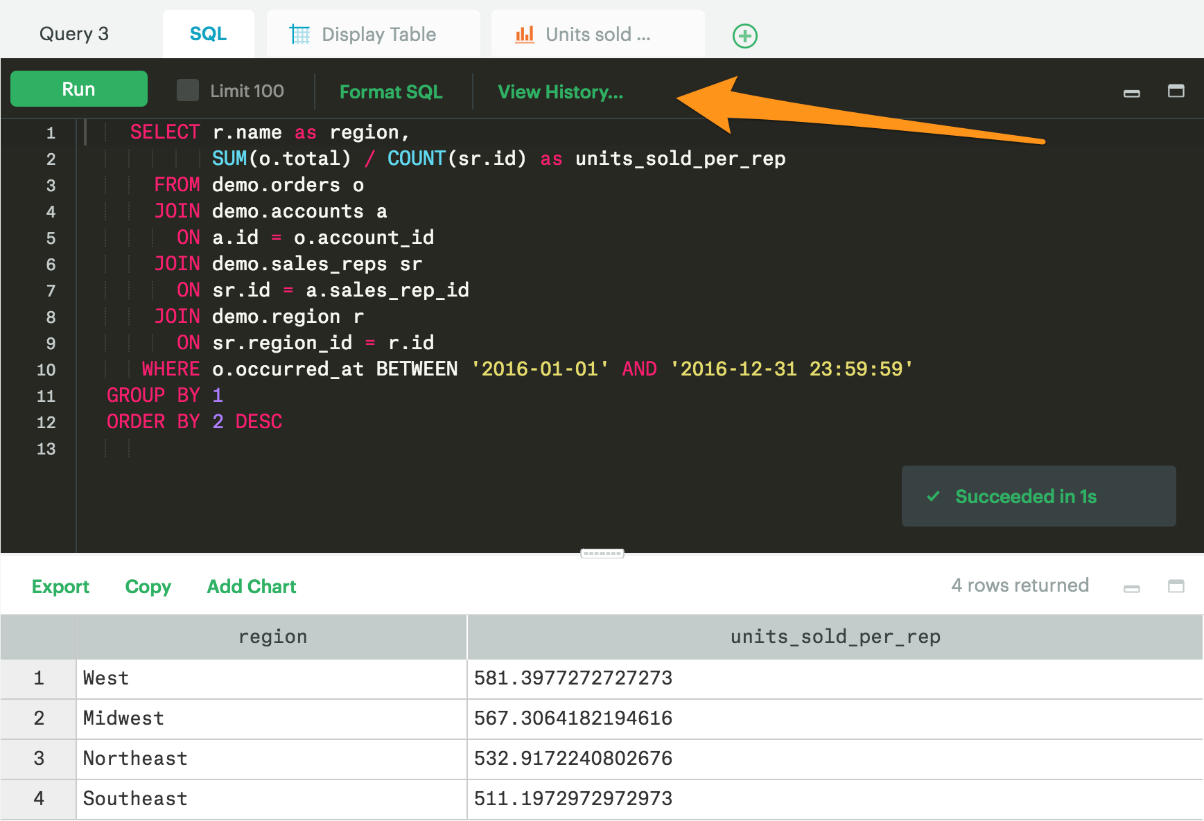 Query history from SQL editor