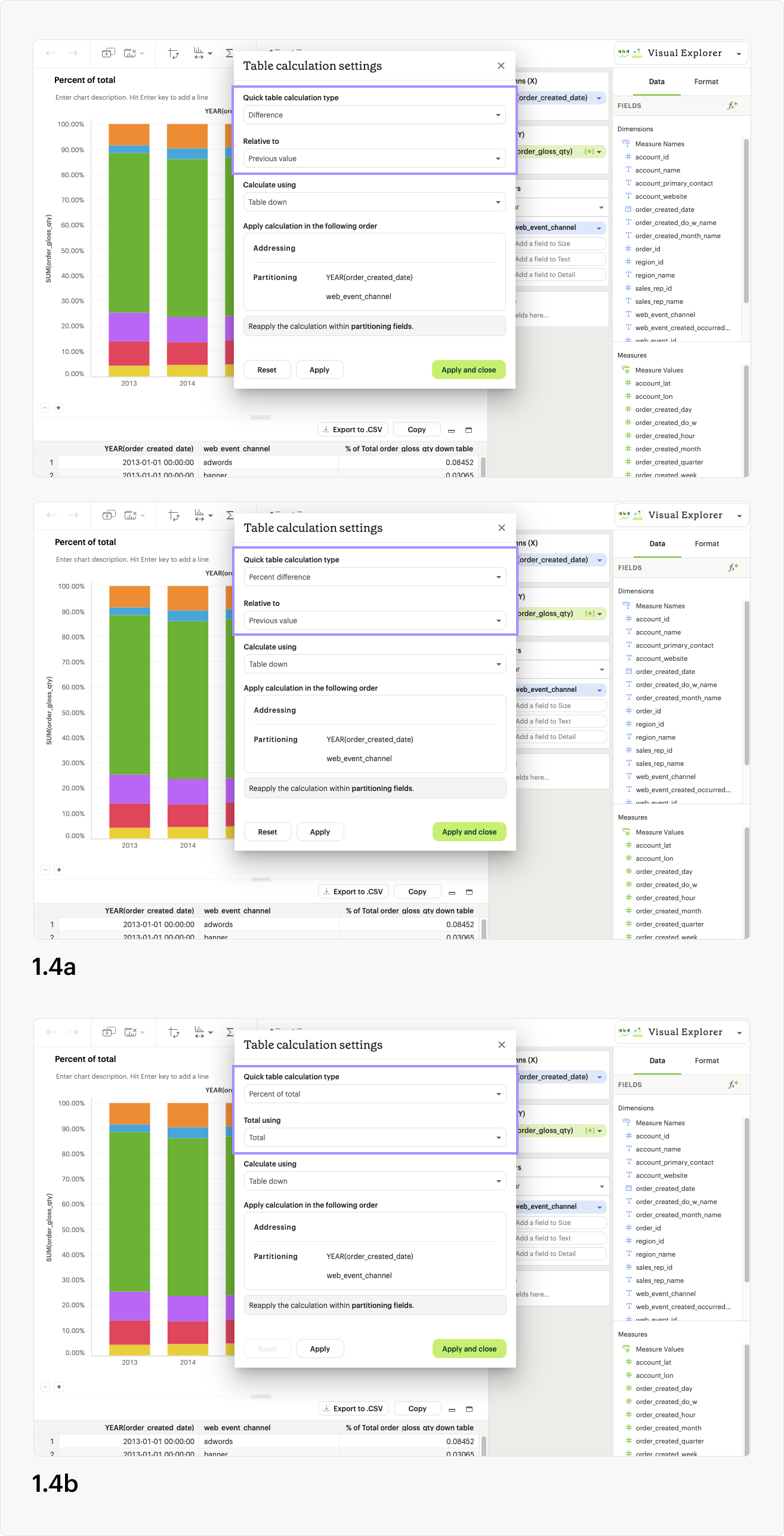 Table calc settings 1.4a, 1.4b